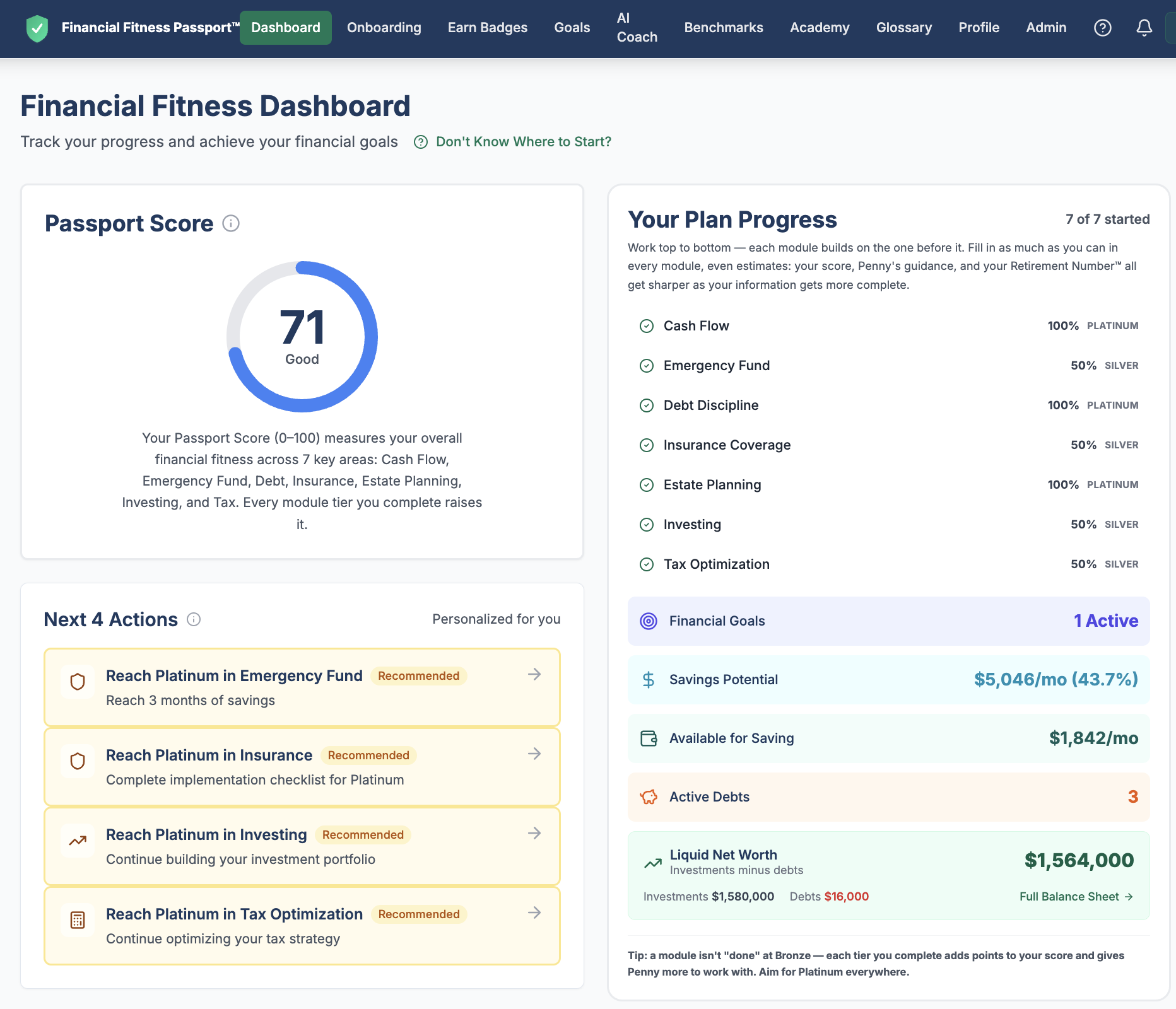 The Financial Fitness Passport client dashboard an advisor sees once a client grants access: Passport Score, progress across all seven financial modules, and recommended next actions